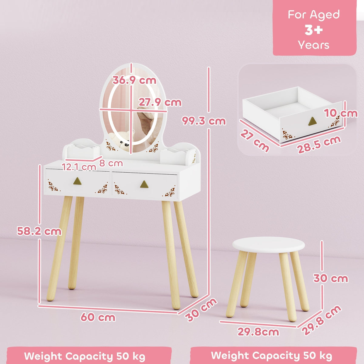 The dressing table and stool showing dimensions and age suitability on a pink background
