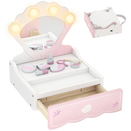 AIYAPLAY Kids Vanity Table, a white and pink dressing table with a shell-shaped light-up mirror and drawer