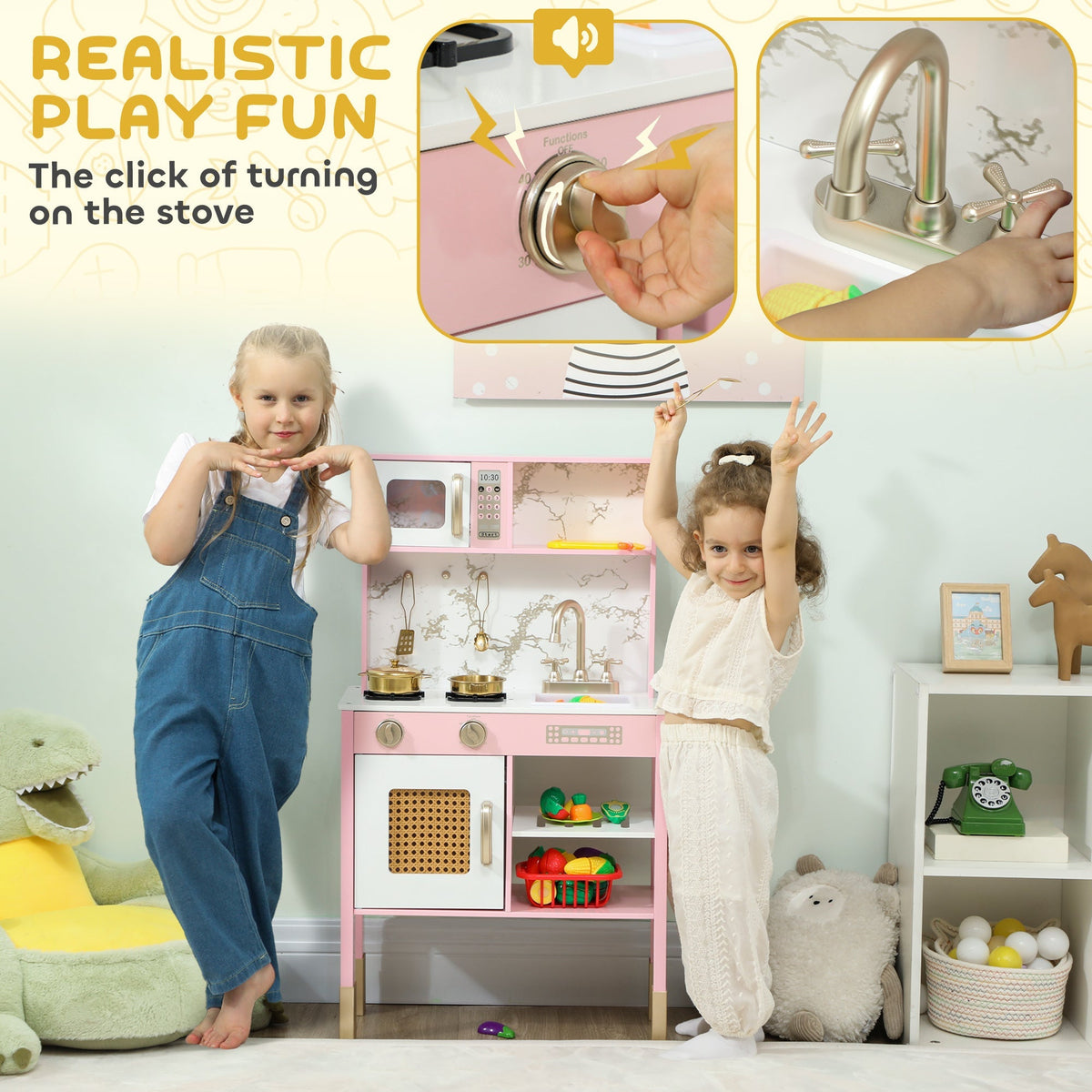 Two children interacting with the pink role play toy kitchen, showing close-ups of features