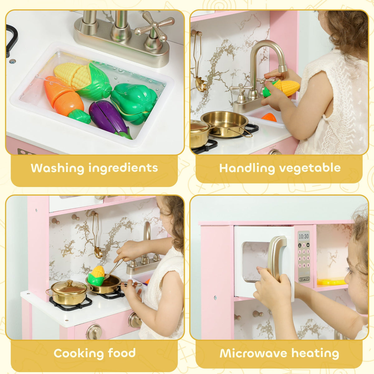 Four panels showing children washing ingredients, handling vegetables, cooking food and using the microwave
