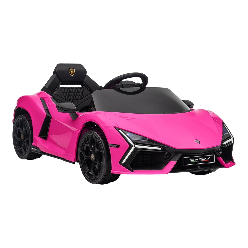 AIYAPLAY Lamborghini Revuelto Licensed 12V Ride on Car in bright pink with black wheels and seat