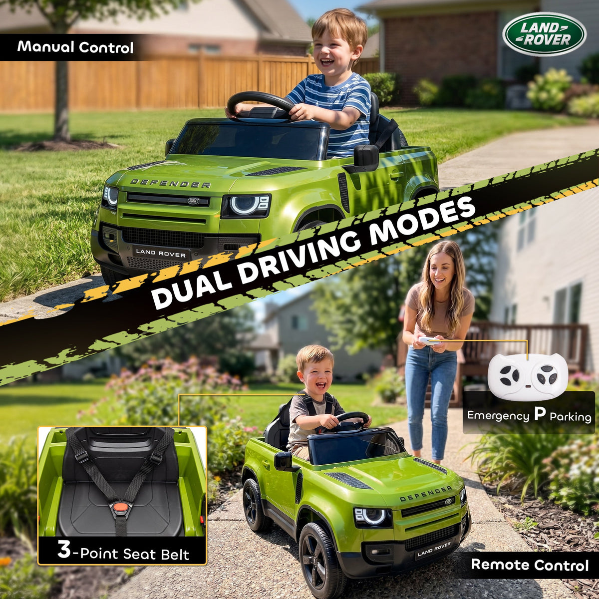 The ride-on car showing manual driving, remote control, and the seat belt safety feature