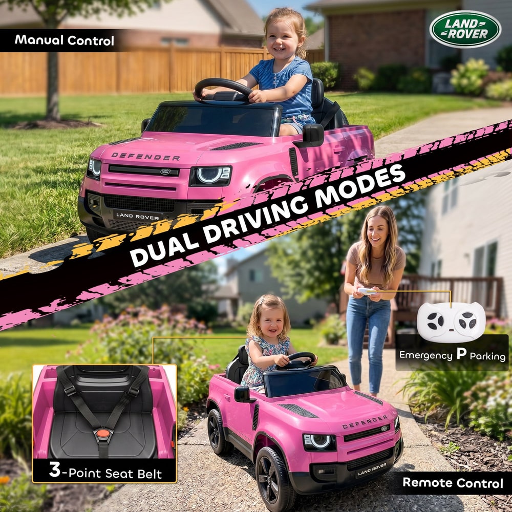 A child drives the pink kids electric car while a parent uses remote control