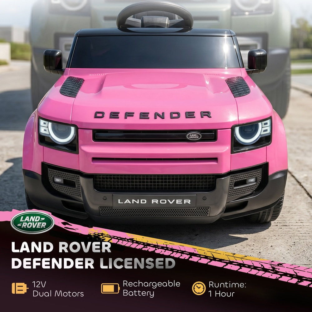 Front view of the pink kids electric car with Land Rover branding