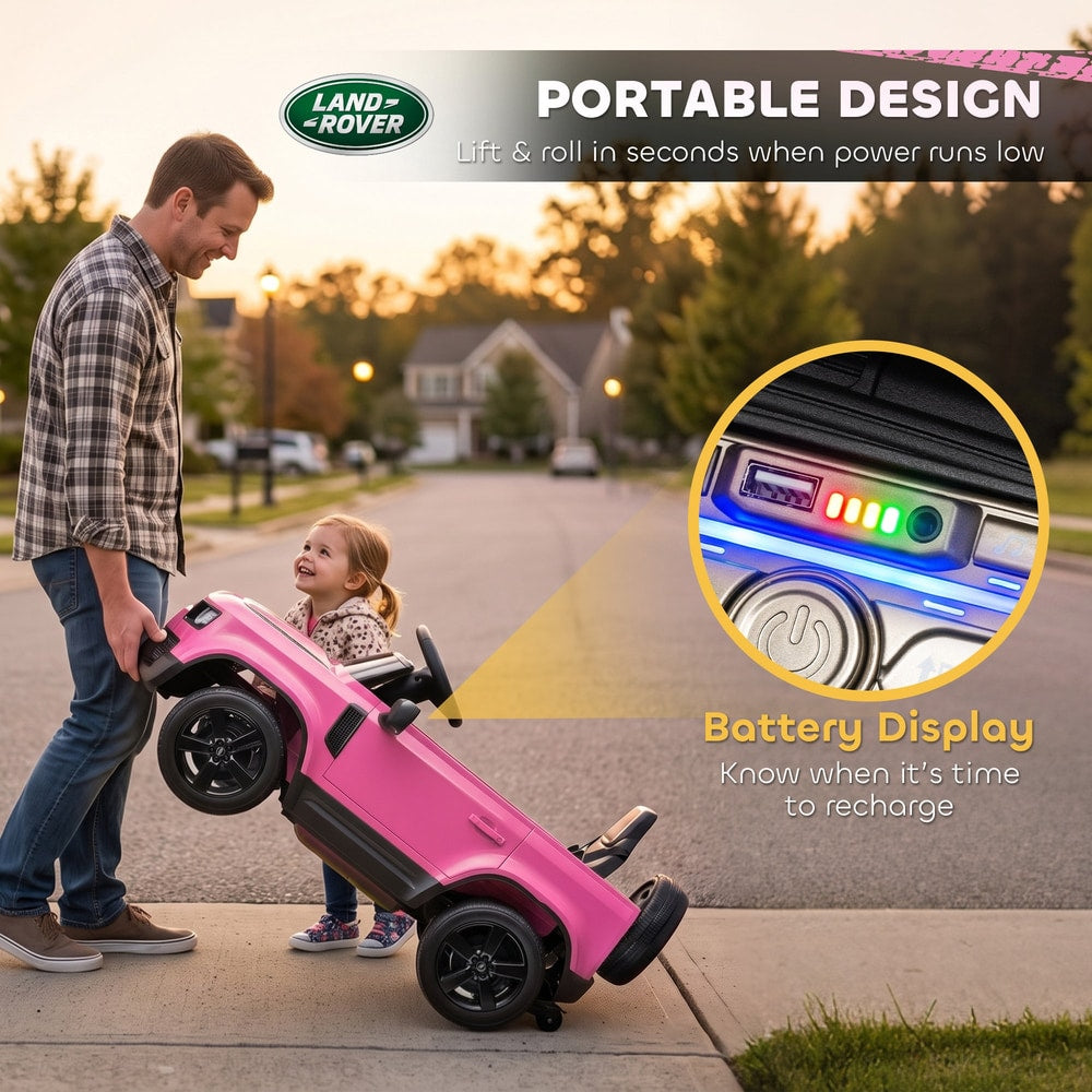 The pink kids ride on car being tilted to show the battery indicator light