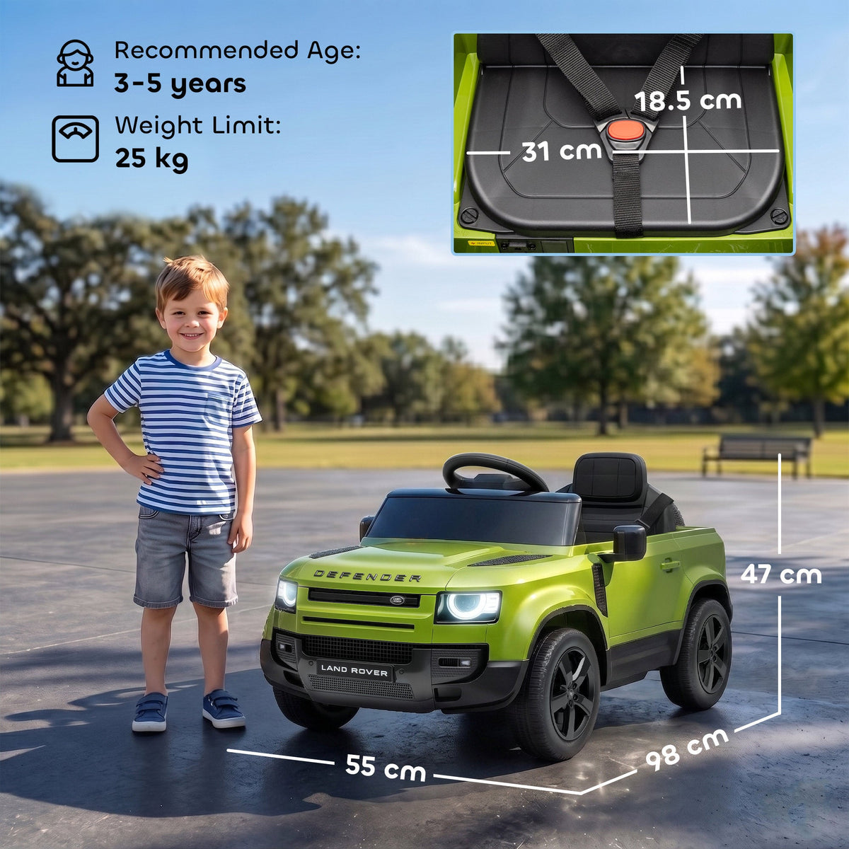 The ride-on car shown with a boy standing next to it and diagrams indicating dimensions