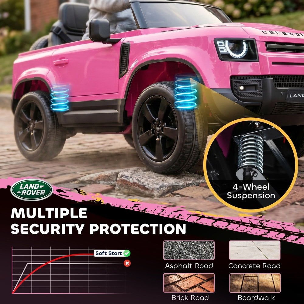 Close up of the pink kids electric car suspension system