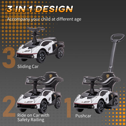 The ride on car shown in three different configurations to demonstrate the versatile design