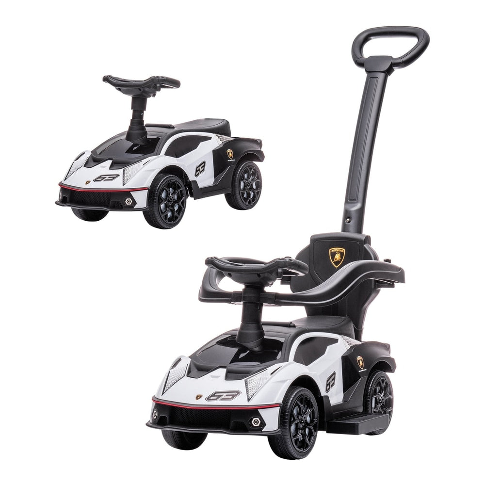 AIYAPLAY Licensed 2 in 1 Baby Ride on Push Car shown with and without the parent handle and safety bar