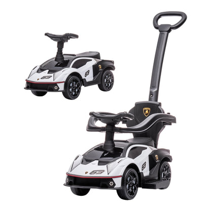 AIYAPLAY Licensed 2 in 1 Baby Ride on Push Car shown with and without the parent handle and safety bar