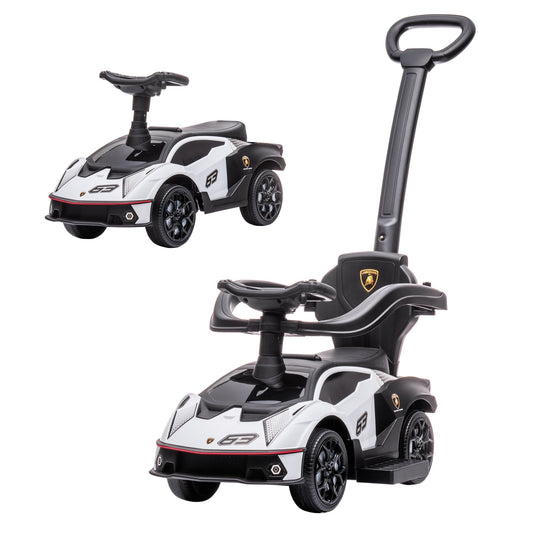 AIYAPLAY Licensed 2 in 1 Baby Ride on Push Car shown with and without the parent handle and safety bar