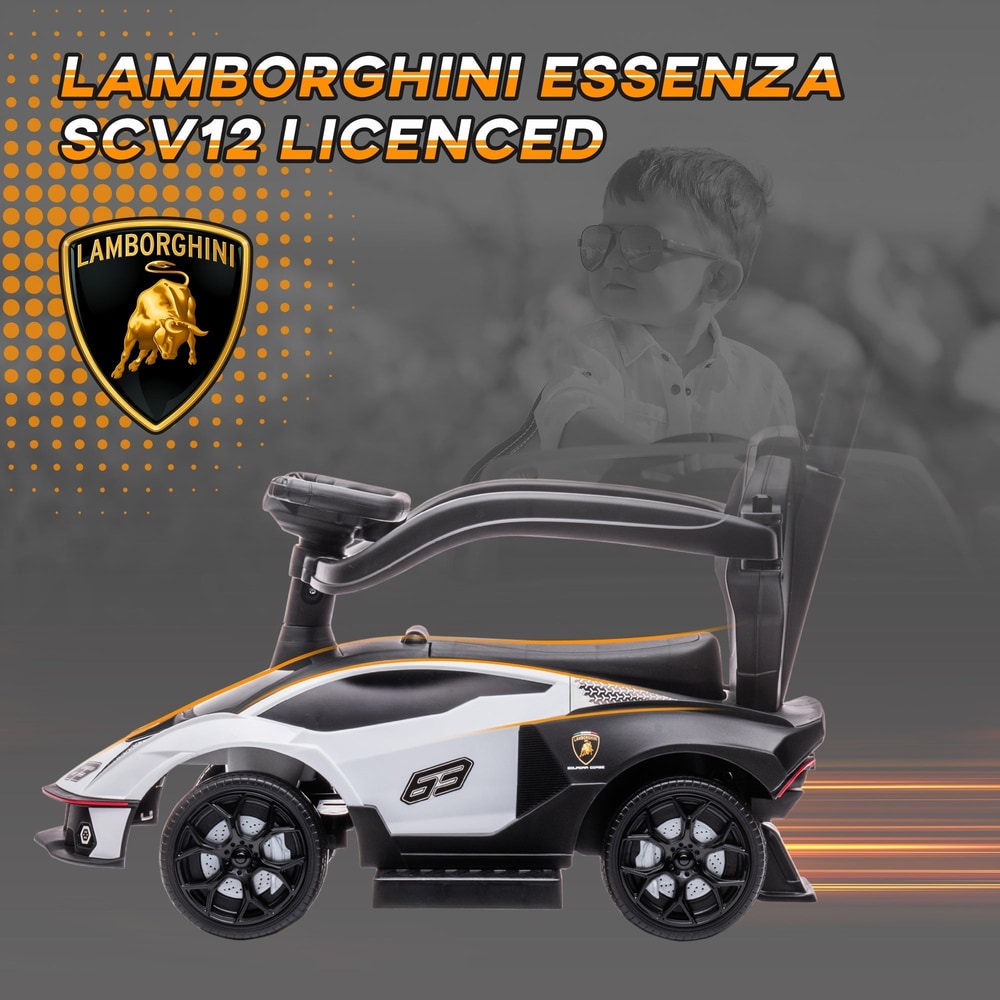 The ride on car displayed against a dark background with a graphic logo and text overlay