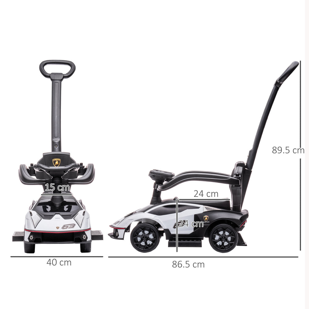 The ride on car shown from the front and side with lines indicating the product dimensions