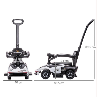 The ride on car shown from the front and side with lines indicating the product dimensions