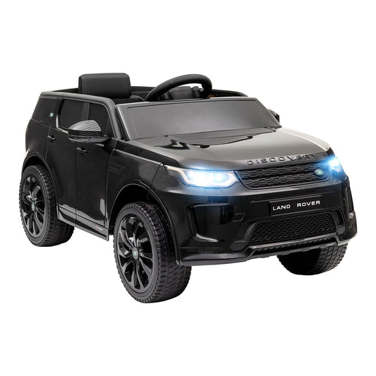 AIYAPLAY Licensed Land Rover Discovery Sport kids electric car in black, front three-quarter view with headlights on