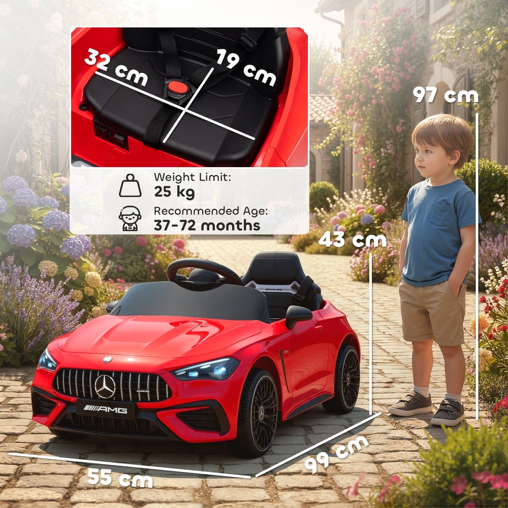 A diagram showing the dimensions of the red kids electric car with a child standing next to it