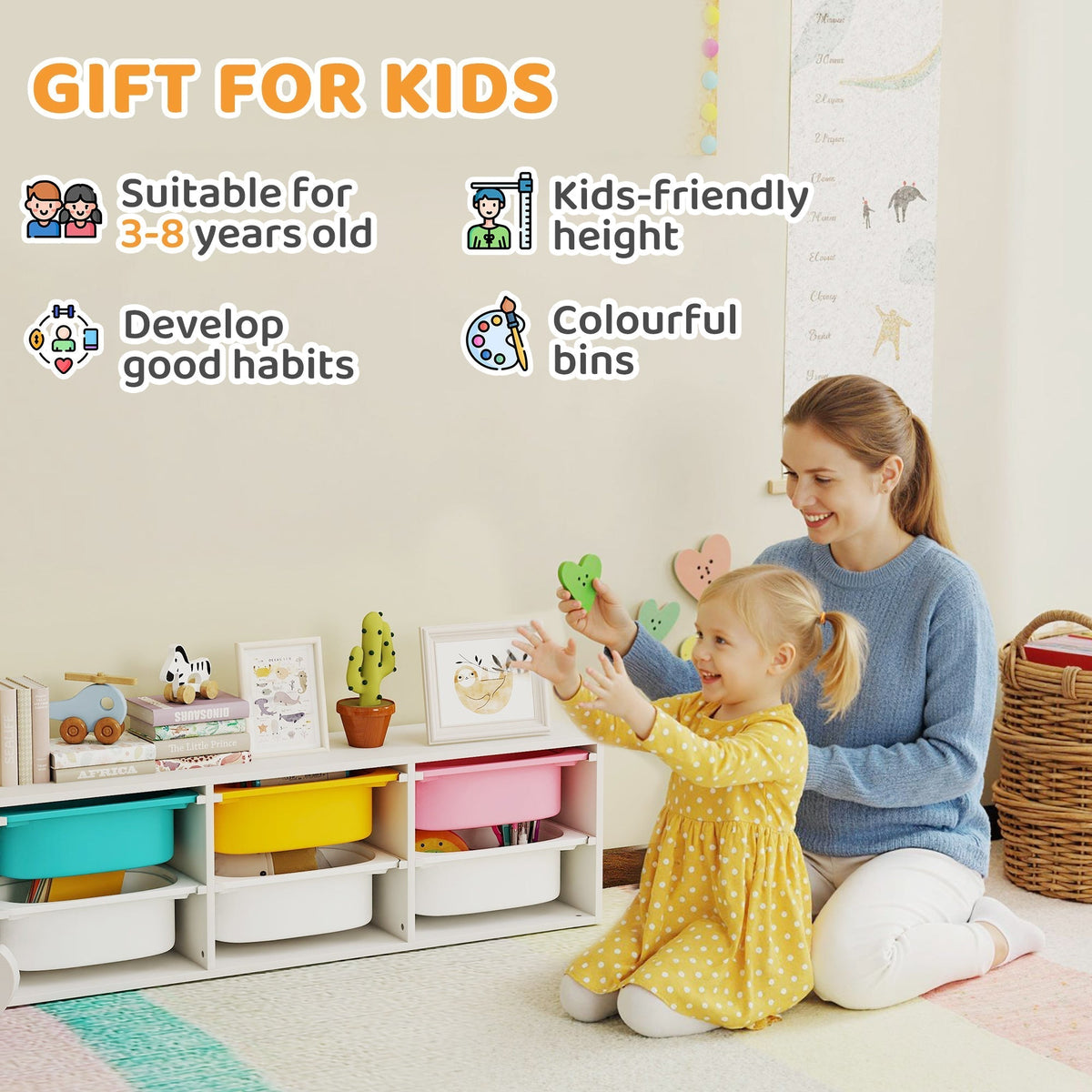 The kids storage unit in a room with text highlighting its benefits for young children