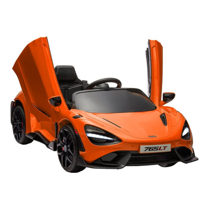 AIYAPLAY McLaren 765LT Licensed 12V Kids Electric Ride on Car in bright orange with butterfly doors open