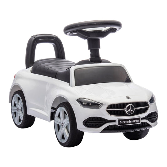 AIYAPLAY Official Mercedes-Benz Ride On Car, a white foot-to-floor sliding walker with a steering wheel and under-seat