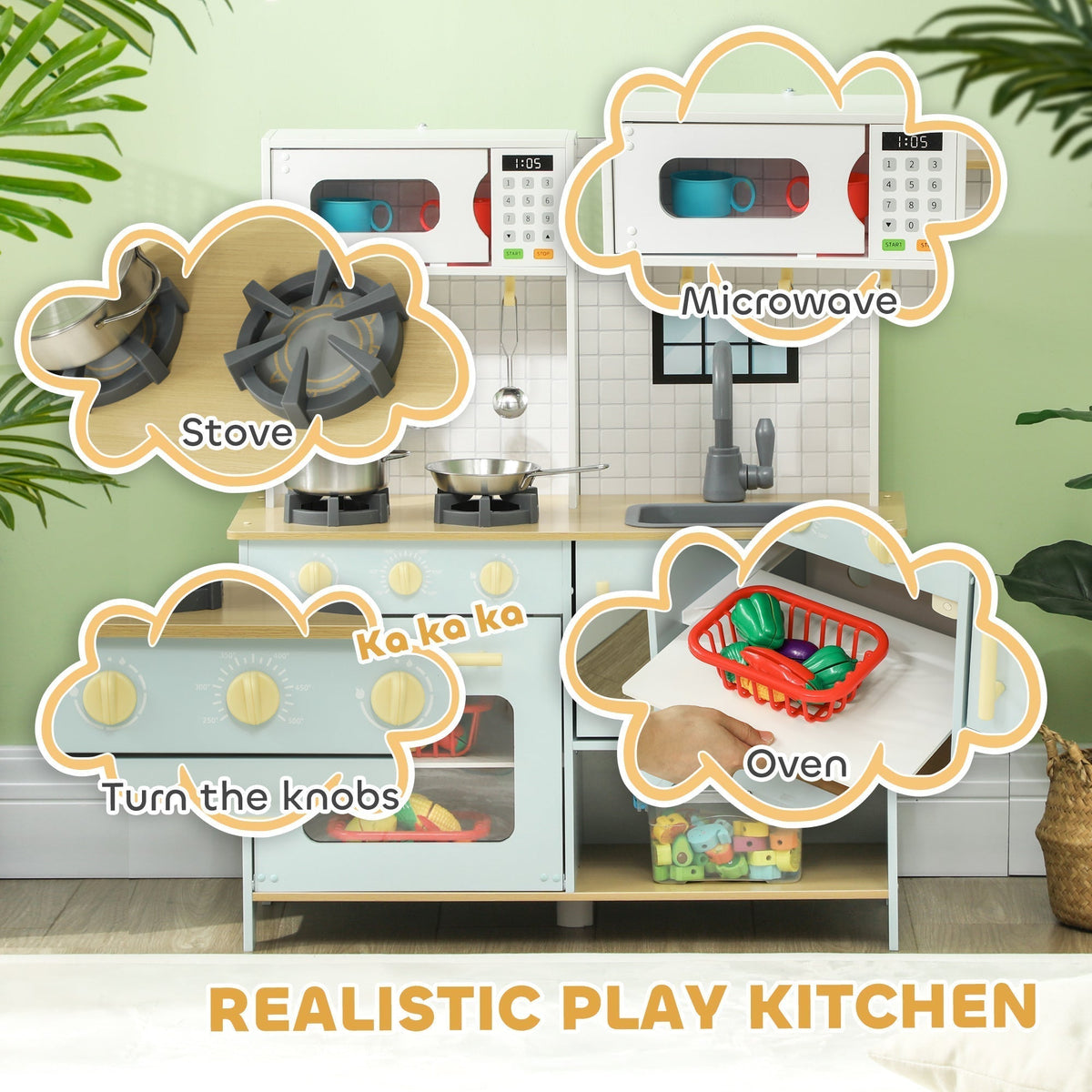 Close-up views of the features of the toy kitchen, including the stove, microwave, oven, and accessories