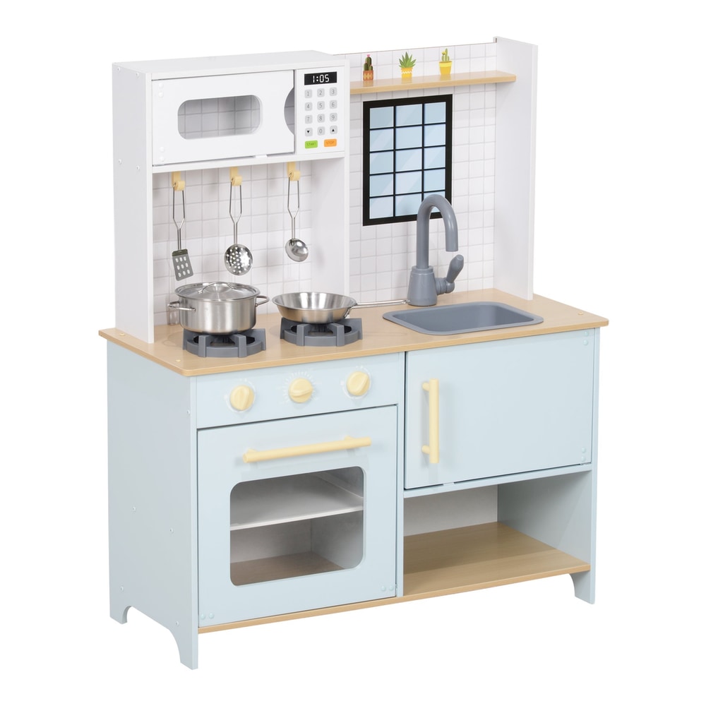 AIYAPLAY Pretend Play Kitchen, a light blue and white wooden toy kitchen with a microwave, sink, stove, and oven