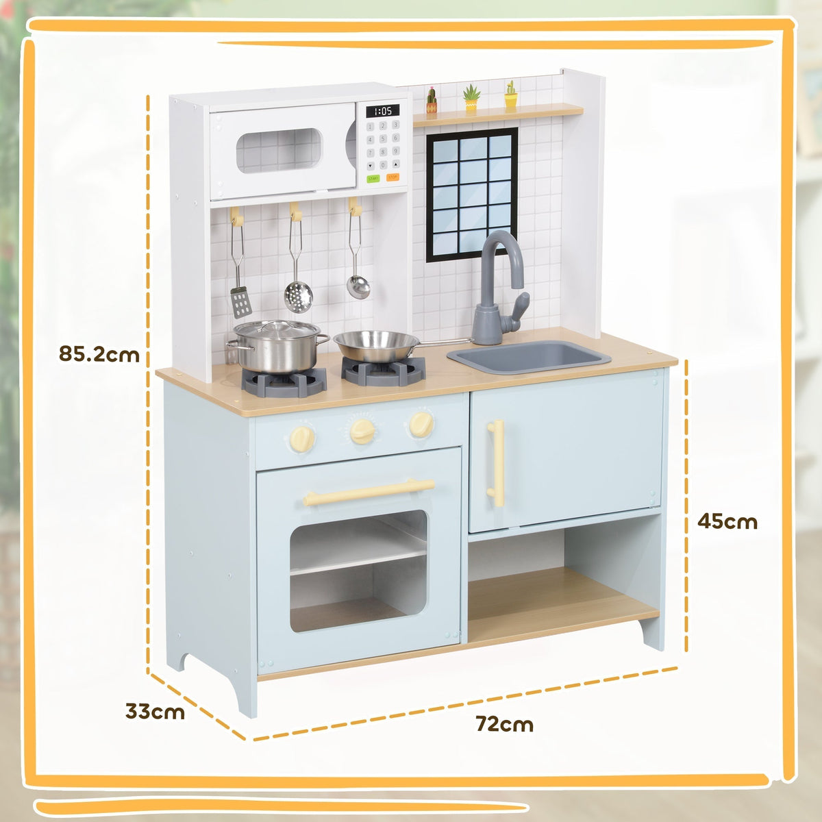 Dimensions of the light blue and white wooden toy kitchen shown with measurements for height, width, and depth