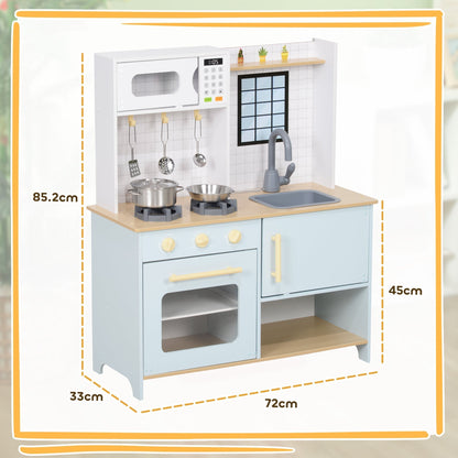 Dimensions of the light blue and white wooden toy kitchen shown with measurements for height, width, and depth