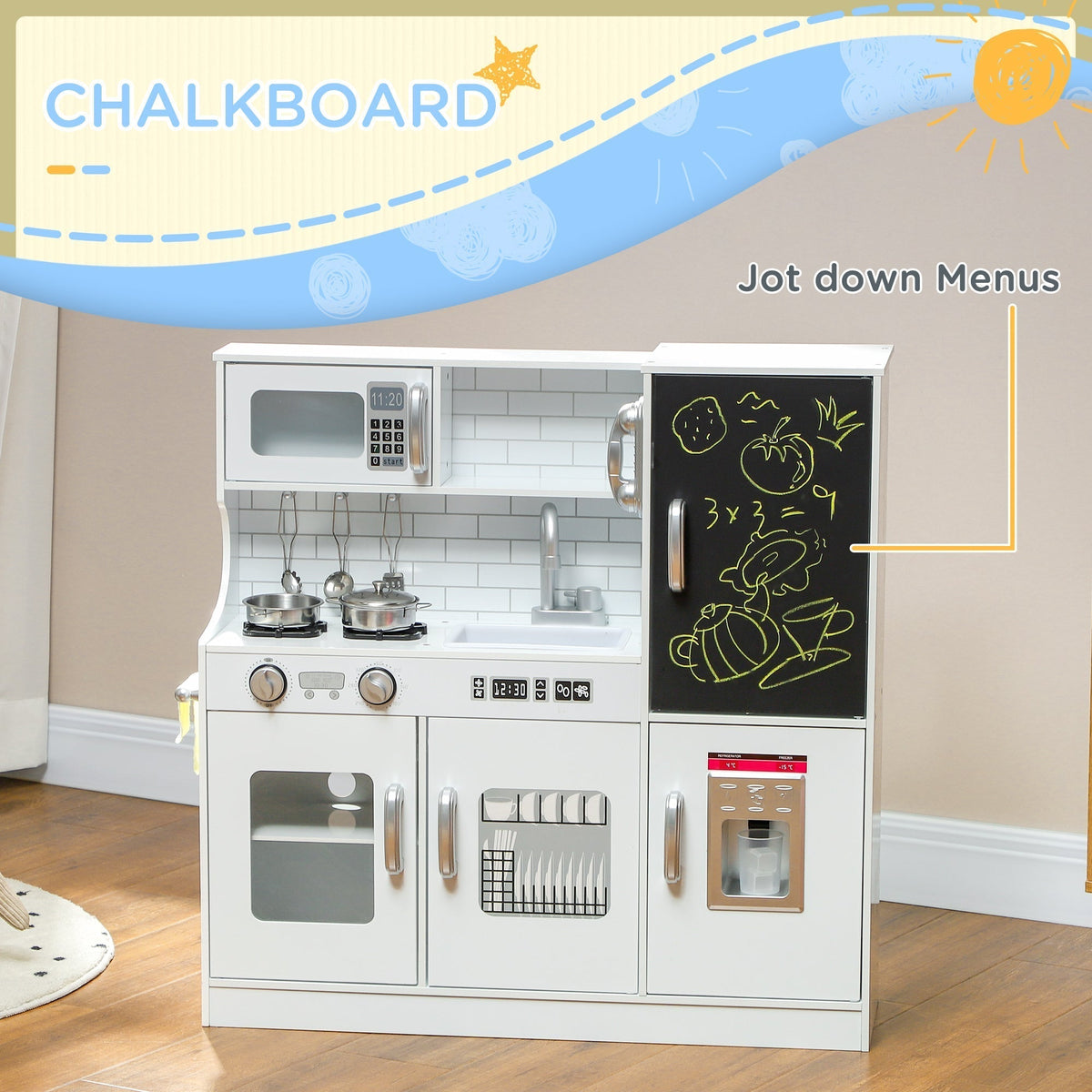 Close up of the pretend play kitchen chalkboard and ice dispenser