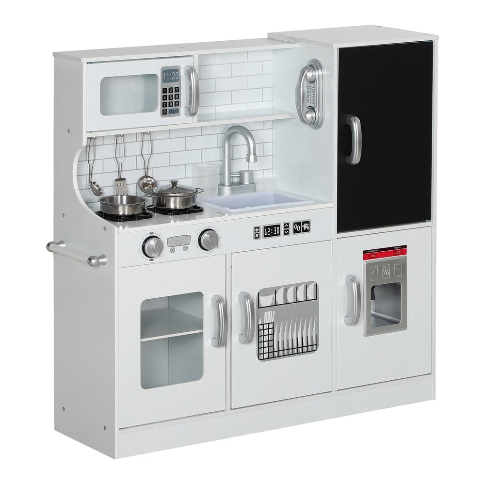AIYAPLAY Pretend Play Kitchen, a white wooden toy kitchen with microwave, stove, sink and fridge