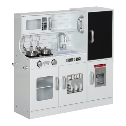 AIYAPLAY Pretend Play Kitchen, a white wooden toy kitchen with microwave, stove, sink and fridge