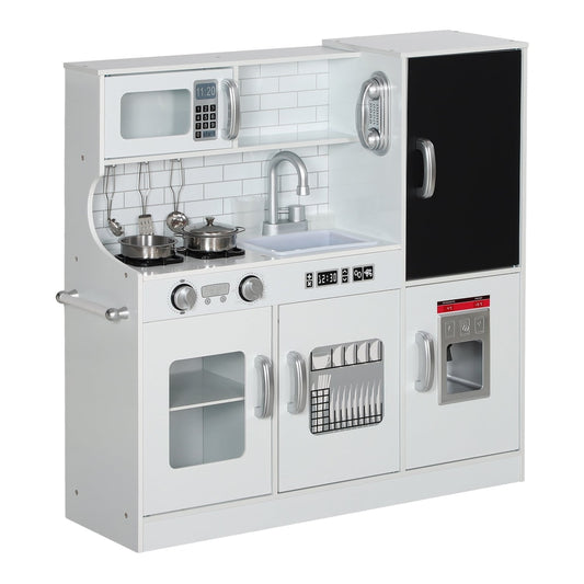 AIYAPLAY Pretend Play Kitchen, a white wooden toy kitchen with microwave, stove, sink and fridge