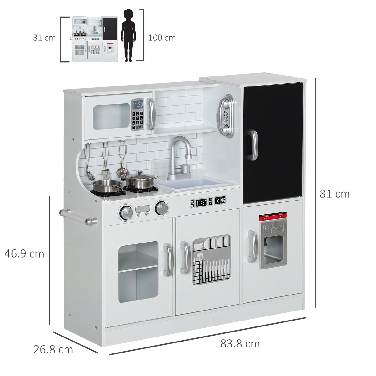 The white pretend play kitchen with dimensions shown for height, width and depth