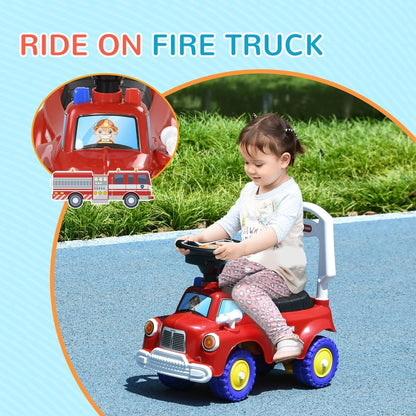 The red ride-on fire truck with a child riding it and a close-up of the fire engine graphic