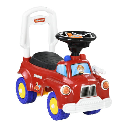 AIYAPLAY Ride On Fire Truck Foot to Floor Design in red with a white handle and blue wheels