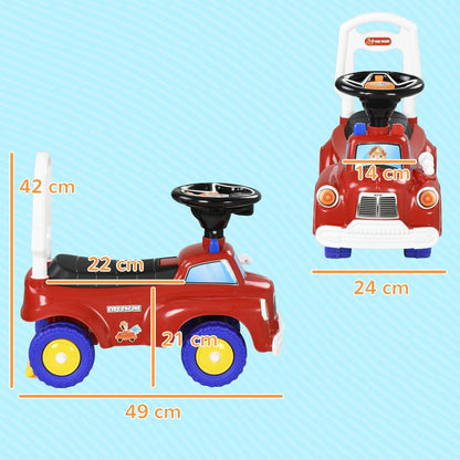 The ride-on car showing side and front dimensions with orange lines and text