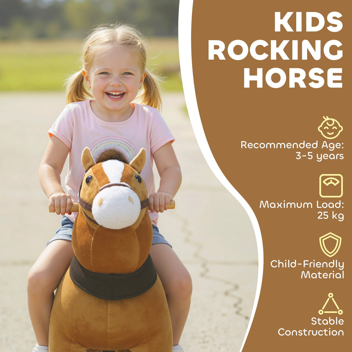 A smiling girl sits on the plush walking horse toy, which has a stable construction