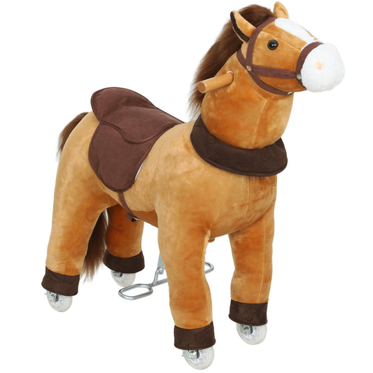 AIYAPLAY Ride On Horse, a plush brown toy horse with wheels and a saddle