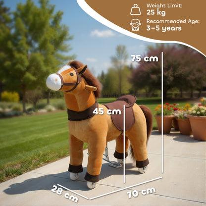Dimensions of the plush walking horse toy shown with white lines and text