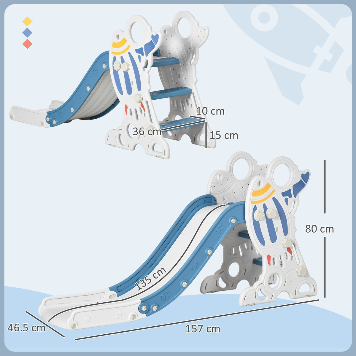The baby slide shown from two angles with various dimensions marked