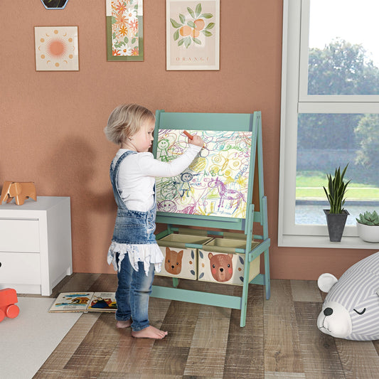 AIYAPLAY Three-In-One Kids Easel with Paper Roll, a green art easel with storage baskets, with a child drawing on the