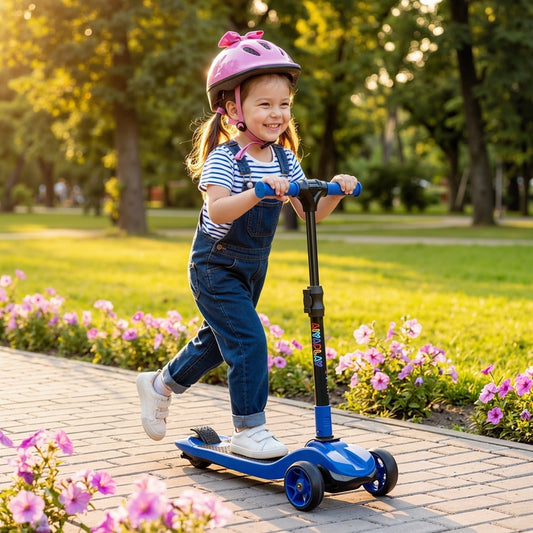 A smiling child in a helmet rides the blue three-wheel electric scooter on a paved path outdoors