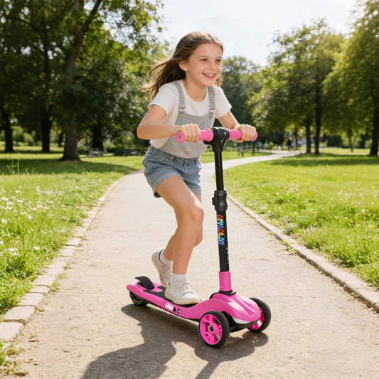 A young girl riding the pink kids scooter along a paved path in a park