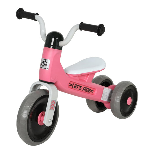 AIYAPLAY Toddler Balance Bike with No Pedal in pink with white handlebars and seat, featuring three wheels