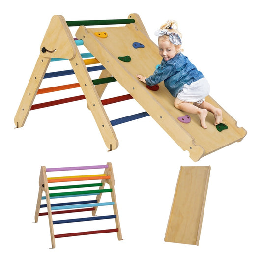 AIYAPLAY Toddler Climbing Frame with a child climbing the ramp and separate frame components