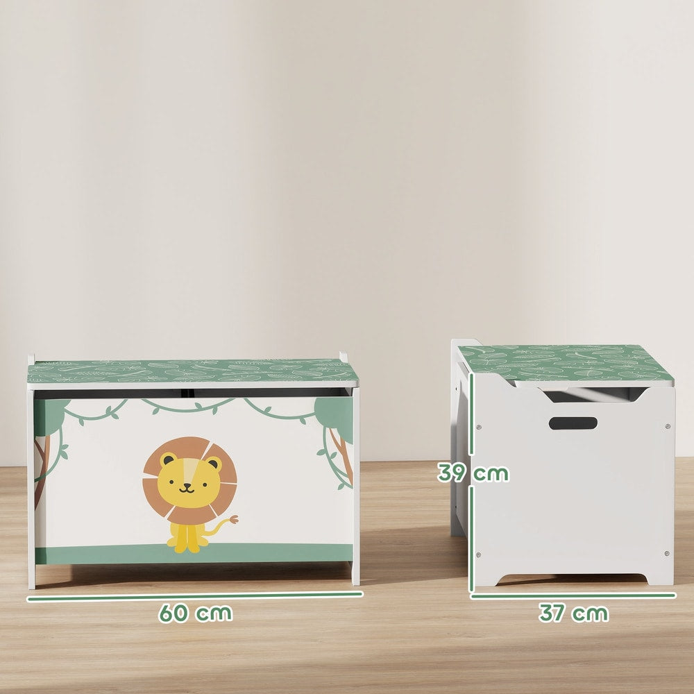 The green kids storage box with lid is shown from the front and side with dimensions