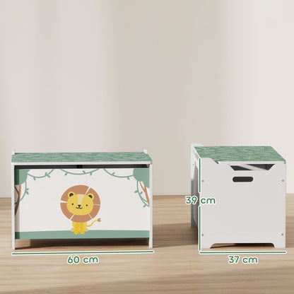 The green kids storage box with lid is shown from the front and side with dimensions