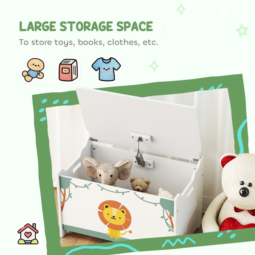 The kids storage box is open showing large storage space inside, with toys around