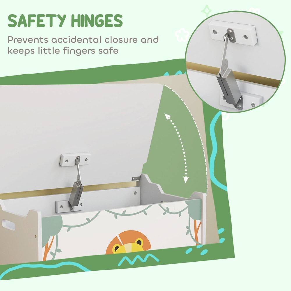 Close up of the safety hinges on the kids storage box lid