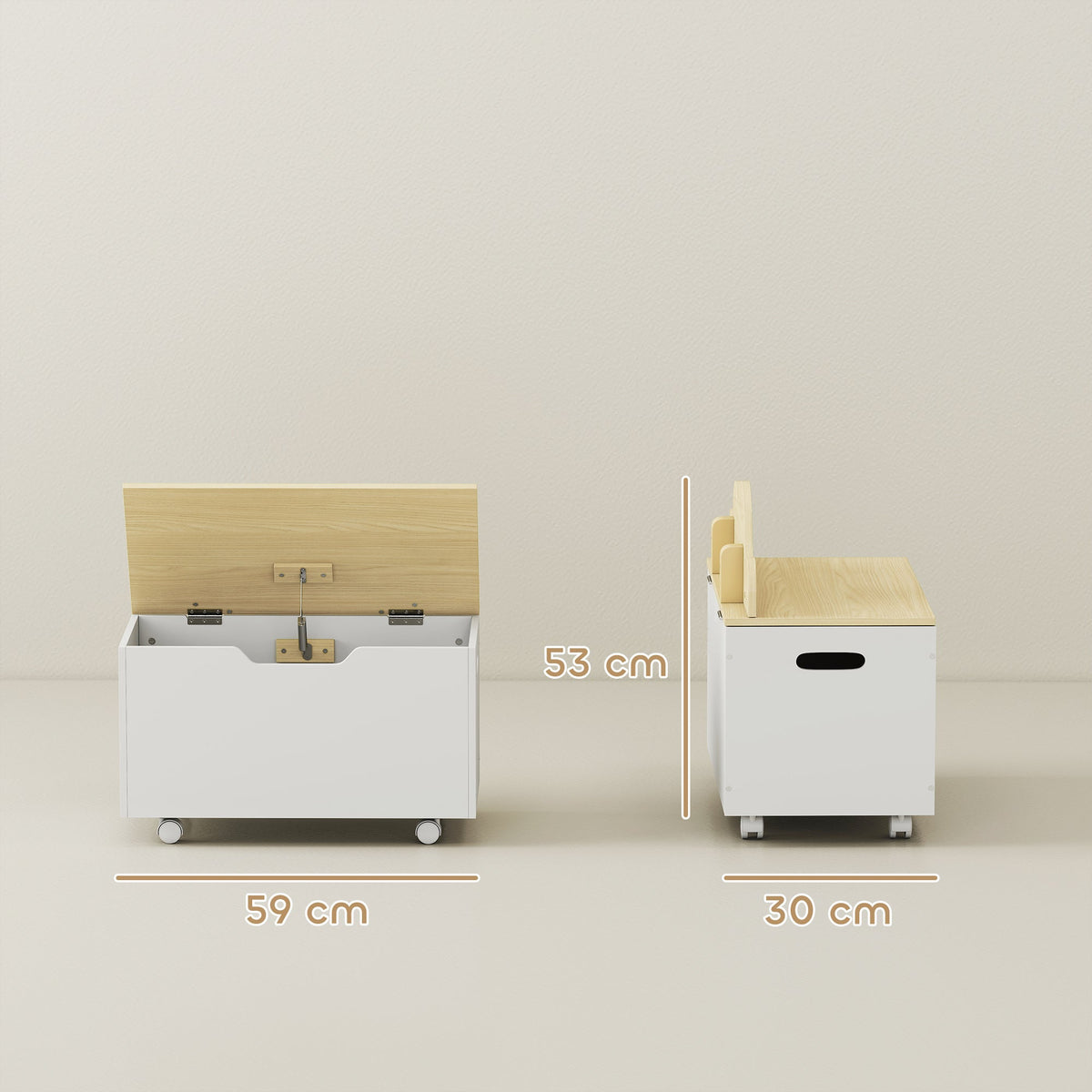 Dimensions of the white toy chest with lid and wheels