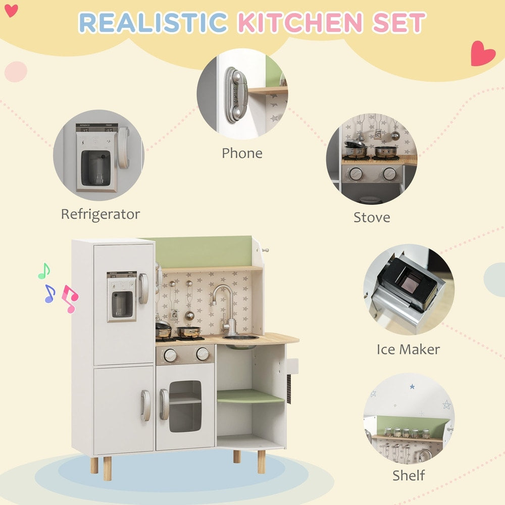 Close-ups of the refrigerator, phone, stove, ice maker, and shelf on the kids role play toy kitchen